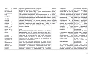 475
Tierra, la
gestación de
los continentes
y las sucesivas
eras
geológicas.
CS.4.2.2.
Localizar y
describir los
océanos y
mares del
mundo, sus
movimientos y
efectos en la
vida del
planeta.
CS.4.2.3.
Describir los
diversos climas
del planeta con
sus
características,
variaciones e
influencia en la
población
mundial,
planeta preguntas motivadoras como las que siguen:
¿El planeta Tierra siempre ha existido?
Vivimos en este planeta, pero... ¿cómo «hemos llegado»
aquí?; ¿cómo se ha formado la Tierra?
Las respuestas de los alumnos deberán ser recogidas por el
docente, que las utilizará a lo largo de la clase para ir
incorporando los contenidos de la unidad e ir dando nuevas
respuestas a esas interrogantes.
Para ello, recomendamos a los docentes que tomen nota de
las ideas que salieron libremente en la conversación acerca
del origen y la evolución de la vida en la Tierra y analice si
estas teorías son de índole científica (biológica, física,
química) o religiosa
Video
En internet existen múltiples videos (destinados a los infantes
y adolescentes) sobre los procesos de formación de la Tierra,
la gestación de los continentes y las eras geológicas. Para las
clases que se corresponden con esta unidad, los videos
pueden contribuir a introducir los temas en los primeros
momentos de las clases, motivan a los estudiantes y
contribuyen al debate colectivo.
Ahora, es muy importante recordar que los videos siempre
deben estar acompañados de preguntas elaboradas por los
docentes que favorezcan su comprensión. A la vez, se puede
recomendar a los alumnos que, a medida que vean el video,
anoten elementos de interés que les puedan servir para
responder individual o colectivamente las preguntas
atuendos
sobre los
climas
Hojas de
trabajo
Computadora
Internet
Proyector
(opcional)
Cartulinas
Pizarra
―Estrategias
metodológicas‖ de esta
misma tabla, se han ido
integrando variantes de
actividades de aprendizaje
y orientaciones
metodológicas que
incluyan formas de
autoevaluación y de
evaluación grupal.
Además, las actividades
de aplicación pueden
orientarse como
actividades de control
evaluativo.
A continuación, se señalan
algunas opciones
complementarias para
evaluar los aprendizajes
en esta unidad:
Línea de tiempo
Los docentes podrán
solicitar a los alumnos que
de forma individual o
colectiva construyan una
características generales,
las eras geológicas,
océanos, mares,
movimientos y climas, y
su impacto en posibles
desastres naturales y
planes de contingencia
en los ámbitos
geográfico, demográfico
y económico. (I.1., I.2.)
I.CS.4.6.2. Aplica
diversos instrumentos y
recursos cartográficos
para describir las
características
fundamentales de África,
Europa, Asia y Oceanía
(relieves, hidrografía,
climas, demografía y
principales indicadores
de vida). (I.1., I.2.)
I.CS.4.6.3. Explica las
características
fundamentales de
América del Norte,
Central, del Caribe y del
Sur, destacando algunos
rasgos geográficos más
 