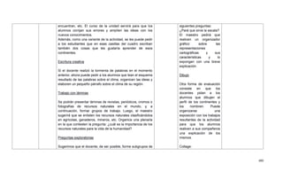 480
encuentran, etc. El curso de la unidad servirá para que los
alumnos corrijan sus errores y amplíen las ideas con los
nuevos conocimientos.
Además, como una variante de la actividad, se les puede pedir
a los estudiantes que en esas casillas del cuadro escriban
también dos cosas que les gustaría aprender de esos
continentes.
Escritura creativa
Si el docente realizó la tormenta de palabras en el momento
anterior, ahora puede pedir a los alumnos que lean el esquema
resultado de las palabras sobre el clima, organicen las ideas y
elaboren un pequeño párrafo sobre el clima de su región.
Trabajo con láminas
Se podrán presentar láminas de revistas, periódicos, cromos o
fotografías de recursos naturales en el mundo, y, a
continuación, formar grupos de trabajo. Luego, el maestro
sugerirá que se enlisten los recursos naturales clasificándolos
en agrícolas, ganaderos, mineros, etc. Organice una plenaria
en la que contesten la pregunta: ¿cuál es la importancia de los
recursos naturales para la vida de la humanidad?
Preguntas exploratorias
Sugerimos que el docente, de ser posible, forme subgrupos de
siguientes preguntas:
¿Pará que sirve la escala?
El maestro pedirá que
realicen un organizador
gráfico sobre las
representaciones
cartográficas y sus
características y lo
expongan con una breve
explicación.
Dibujo
Otra forma de evaluación
consiste en que los
docentes pidan a los
alumnos que dibujen el
perfil de los continentes y
los nombren. Puede
organizarse una
exposición con los trabajos
resultantes de la actividad
para que los alumnos
realicen a sus compañeros
una explicación de los
mismos.
Collage:
 