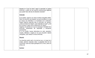 487
desastre en X tipo de clima?; según lo aprendido en grados
anteriores, ¿cuáles son las mayores consecuencias negativas
que pueden traer este tipo de desastres naturales?
Entrevista
Si es posible, organice una visita al Instituto Geográfico Militar.
Pida a los alumnos que preparen una guía de salida en la que
se incluya una entrevista a un funcionario de la institución.
Sugiera algunas preguntas para la entrevista; por ejemplo:
¿Cómo se hacen los mapas? ¿Qué materiales se usan? ¿Cuál
es el proceso a seguir para la elaboración de mapas?
Organice una plenaria en la que se exponga el resultado de la
entrevista, presentando las respuestas y extrayendo
conclusiones.
Si no es posible, busque alternativas de visita: planetario,
museos, biblioteca o lugares en los que encuentre material
cartográfico, para realizar la misma entrevista.
Maqueta
Los docentes podrán pedir a los alumnos que, a lo largo de la
unidad, elaboren maquetas sobre: la geografía física de los
continentes; sobre las capas geológicas de la Tierra; sobre los
climas, etc.
Escritura
 