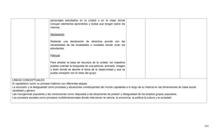 503
personajes estudiados en la unidad o en la clase donde
incluyan elementos aprendidos y dudas que tengan sobre los
mismos.
Declaración
Redactar una declaración de derechos acorde con las
necesidades de las localidades o ciudades donde vivan los
estudiantes
Película
Para ampliar la base de recursos de la unidad, los maestros
pueden orientar la búsqueda de una película, animado, imagen
o texto donde se aborde el tema de la clase/unidad y que se
pueda compartir con el resto del grupo.
LÍNEAS CONCEPTUALES:
- El capitalismo como un proceso histórico con diferentes etapas.
- La exclusión y la desigualdad como procesos y situaciones constituyentes del mundo capitalista a lo largo de su historia en las dimensiones de clase social,
racialidad y género.
- Las insurgencias populares y las revoluciones como respuesta a las situaciones de presión y desigualdad de los amplios grupos populares.
Los procesos sociales como procesos multidimensionales donde intervienen la ciencia, la economía, la política la cultura y la sociedad.
 