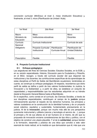 522
concreción curricular (MinEduc) al nivel 2, meso (Institución Educativa) y,
finalmente, al nivel 3, micro (Planificación de Unidad / Aula).
1er Nivel 2do Nivel 3er Nivel
Macro
Ministerio de
Educación
Meso
Instituciones educativas
Micro
Docentes
Currículo
Nacional
Obligatorio
Currículo Institucional Currículo de aula
Proyecto Curricular
Institucional
Planificación
Curricular Anual
Planificación de
Unidad Didáctica
Prescriptivo Flexible Flexible
8. Proyecto Curricular Institucional
8.1. Enfoque pedagógico:
Las asignaturas del Área de Ciencias Sociales: Estudios Sociales, en la EGB, y,
en su versión especializada, Historia, Educación para la Ciudadanía y Filosofía,
en el BGU, recogen, a través del currículo escolar del que disponen las
instituciones y los docentes, las contribuciones específicas de los aprendizajes de
estas disciplinas al Perfil de Salida del Bachillerato ecuatoriano; teniéndolas en
cuenta, se construye su enfoque pedagógico. Al respecto, recordamos que dicho
perfil de salida se define a partir de tres valores fundamentales: la Justicia, la
Innovación y la Solidaridad; y, a partir de ellos, se establece un conjunto de
capacidades y responsabilidades que los estudiantes adquirirán en su tránsito
desde la Educación General Básica hasta el Bachillerato.
En lo específico, como consta en el currículo, las Ciencias Sociales, a través de
sus disciplinas especializadas, contribuyen al campo de la justicia porque
intrínsecamente apuntan al respeto de los derechos humanos, los principios y
valores ciudadanos en la construcción de la identidad humana y de un proyecto
social colectivo, equitativo y sustentable, fundamentado precisamente en la
justicia. Al de la innovación, porque van mucho más allá de una perspectiva
puramente instrumental y utilitaria (ciencia y tecnología al servicio de…); porque
el principio y fin de sus afanes es el ser humano en sí mismo, de ahí que su
propuesta de innovación encierre consideraciones de tipo ético y político, con el
objetivo de construir una utopía plausible. Y al de la solidaridad, porque tienden
a la formación, desarrollo y práctica de una ética que concibe a este valor
esencial de modo radical, en la medida en que demuestran que él, más que una
 