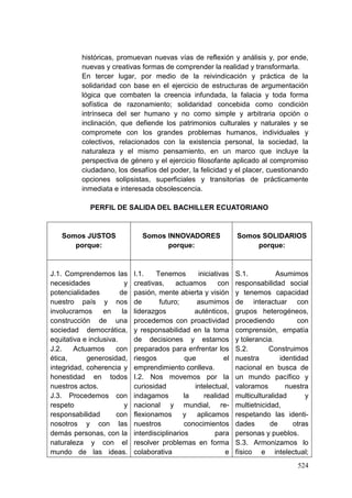 524
históricas, promuevan nuevas vías de reflexión y análisis y, por ende,
nuevas y creativas formas de comprender la realidad y transformarla.
En tercer lugar, por medio de la reivindicación y práctica de la
solidaridad con base en el ejercicio de estructuras de argumentación
lógica que combaten la creencia infundada, la falacia y toda forma
sofística de razonamiento; solidaridad concebida como condición
intrínseca del ser humano y no como simple y arbitraria opción o
inclinación, que defiende los patrimonios culturales y naturales y se
compromete con los grandes problemas humanos, individuales y
colectivos, relacionados con la existencia personal, la sociedad, la
naturaleza y el mismo pensamiento, en un marco que incluye la
perspectiva de género y el ejercicio filosofante aplicado al compromiso
ciudadano, los desafíos del poder, la felicidad y el placer, cuestionando
opciones solipsistas, superficiales y transitorias de prácticamente
inmediata e interesada obsolescencia.
PERFIL DE SALIDA DEL BACHILLER ECUATORIANO
Somos JUSTOS
porque:
Somos INNOVADORES
porque:
Somos SOLIDARIOS
porque:
J.1. Comprendemos las
necesidades y
potencialidades de
nuestro país y nos
involucramos en la
construcción de una
sociedad democrática,
equitativa e inclusiva.
J.2. Actuamos con
ética, generosidad,
integridad, coherencia y
honestidad en todos
nuestros actos.
J.3. Procedemos con
respeto y
responsabilidad con
nosotros y con las
demás personas, con la
naturaleza y con el
mundo de las ideas.
I.1. Tenemos iniciativas
creativas, actuamos con
pasión, mente abierta y visión
de futuro; asumimos
liderazgos auténticos,
procedemos con proactividad
y responsabilidad en la toma
de decisiones y estamos
preparados para enfrentar los
riesgos que el
emprendimiento conlleva.
I.2. Nos movemos por la
curiosidad intelectual,
indagamos la realidad
nacional y mundial, re-
flexionamos y aplicamos
nuestros conocimientos
interdisciplinarios para
resolver problemas en forma
colaborativa e
S.1. Asumimos
responsabilidad social
y tenemos capacidad
de interactuar con
grupos heterogéneos,
procediendo con
comprensión, empatía
y tolerancia.
S.2. Construimos
nuestra identidad
nacional en busca de
un mundo pacífico y
valoramos nuestra
multiculturalidad y
multietnicidad,
respetando las identi-
dades de otras
personas y pueblos.
S.3. Armonizamos lo
físico e intelectual;
 