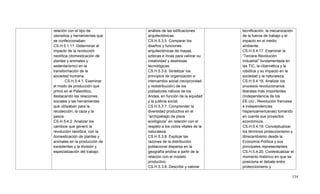 534
relación con el tipo de
utensilios y herramientas que
se confeccionaban.
CS.H.5.1.11. Determinar el
impacto de la revolución
neolítica (domesticación de
plantas y animales y
sedentarismo) en la
transformación de la
sociedad humana.
CS.H.5.4.1. Examinar
el modo de producción que
primó en el Paleolítico,
destacando las relaciones
sociales y las herramientas
que utilizaban para la
recolección, la caza y la
pesca.
CS.H.5.4.2. Analizar los
cambios que generó la
revolución neolítica, con la
domesticación de plantas y
animales en la producción de
excedentes y la división y
especialización del trabajo.
análisis de las edificaciones
arquitectónicas.
CS.H.5.3.5. Comparar los
diseños y funciones
arquitectónicas de mayas,
aztecas e incas para valorar su
creatividad y destrezas
tecnológicas.
CS.H.5.3.6. Sintetizar los
principios de organización e
intercambio social (reciprocidad
y redistribución) de los
pobladores nativos de los
Andes, en función de la equidad
y la justicia social.
CS.H.5.3.7. Comprender la
diversidad productiva en el
―archipiélago de pisos
ecológicos‖ en relación con el
respeto a los ciclos vitales de la
naturaleza.
CS.H.5.3.8. Explicar las
razones de la distribución
poblacional dispersa en la
geografía andina a partir de la
relación con el modelo
productivo.
CS.H.5.3.9. Describir y valorar
tecnificación, la mecanización
de la fuerza de trabajo y el
impacto en el medio
ambiente.
CS.H.5.4.17. Examinar la
―Tercera Revolución
Industrial‖ fundamentada en
las TIC, la cibernética y la
robótica y su impacto en la
sociedad y la naturaleza.
CS.H.5.4.18. Analizar los
procesos revolucionarios
liberales más importantes
(Independencia de los
EE.UU., Revolución francesa
e independencias
hispanoamericanas) tomando
en cuenta sus proyectos
económicos.
CS.H.5.4.19. Conceptualizar
los términos proteccionismo y
librecambismo desde la
Economía Política y sus
principales representantes.
CS.H.5.4.20. Contextualizar el
momento histórico en que se
posiciona el debate entre
proteccionismo y
 