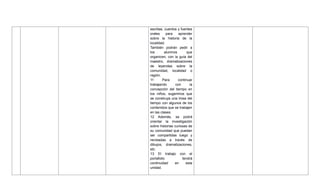 escritas, cuentos y fuentes
orales para aprender
sobre la historia de la
localidad.
También podrán pedir a
los alumnos que
organicen, con la guía del
maestro, dramatizaciones
de leyendas sobre la
comunidad, localidad o
región.
11 Para continuar
trabajando con la
concepción del tiempo en
los niños, sugerimos que
se construya una línea del
tiempo con algunos de los
contenidos que se trabajen
en las clases.
12 Además, se podrá
orientar la investigación
sobre historias curiosas de
su comunidad que puedan
ser compartidas luego y
recreadas a través de
dibujos, dramatizaciones,
etc.
13 El trabajo con el
portafolio tendrá
continuidad en esta
unidad.
 