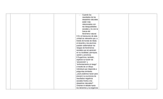 - Cuando los
resultados de los
desastres naturales
están más
relacionados con
las desigualdades
sociales y no con la
fuerza del
fenómeno natural.
5 En el transcurso de esta
unidad es relevante que, a
través de lluvias de ideas,
el docente y los alumnos
puedan sistematizar los
riesgos de fenómenos
sociales que se aprecian
en su localidad, parroquia,
cantón y provincia.
6 Sugerimos, también,
explorar la noción de
―prevención‖ y
―enfrentamiento al riesgo‖
a través de un dibujo
individual que responda a
preguntas similares:
¿Qué podemos hacer para
prevenir la ocurrencia de
resultados negativos
sociales frente a los
desastres naturales?
Orientar el debate hacia
los derechos y la exigencia
 