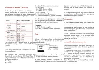 82-3 Prosa. Na Prosa podemos considerar:          (quando é anónima) ou da Colecção (quando se
Classificação Decimal Universal                      » 82-34 – Conto                                   pretende que as obras surjam em conjunto na
                                                     » 82-343 CT – Contos de fadas                     estante).
A Classificação Decimal Universal (CDU) é um» 82-343 LD – Lendas e fábulas
sistema internacional de classificação documental,» 82-36 - Anedotas                                   A barra colorida é utilizada para mais rapidamente
que se baseia no conceito de que o conhecimento82-8 Provérbios. Ditos. Pensamentos                     se estabelecer a relação entre o livro, o tema que ele
pode ser dividido em 10 classes principais, a saber: 82-9 Lengalengas. Destrava línguas. Adivinhas.    trata e a estante onde é arrumado.

                                                    Nas obras de autores portugueses é acrescentadoArrumação
 Classe              Cor    Denominação             entre a numeração acima indicada o número 93,
                     *                              que significa obra de autoria portuguesa.      A cota tem por finalidade indicar onde é que a obra
 0. Generalidades           Amarelo                                                                vai ser arrumada.
 1. Filosofia.                                      Exemplos:
 Psicologia                 Laranja                 82-93-34 – Conto português                     As estantes e as prateleiras, por sua vez, dispõem de
 2. Religião                   Cinzento             82-93-343 CT – Contos de fadas portugueses     sinalética adequada que identifica os conteúdos das
 3. Ciências Sociais           Castanho                                                            obras que albergam.
 4. (Vaga)
 5. Ciências Puras             Vermelho                  Cota                                            Assim, a ordenação nas estantes é em primeiro lugar
 6. Ciências Aplicadas         Violeta                                                                   numérica (notação CDU) e em segundo lugar
 7. Artes. Desporto            Azul                                                                      alfabética (conjunto das três primeiras letras do
 8. Língua. Literatura         Preto                     A Cota é atribuída com base na classificação dasapelido do autor, etc.).
 9. Geografia. História        Verde                     obras, que são classificadas de acordo com o
*Este sistema de cores é utilizado apenas na Biblioteca assunto principal.                               A identificação dos documentos
Municipal José Saramago – Loures e nas Escolas EB e JI doÉ composta por três partes:
Concelho.                                                                       . Parte numérica         Se a cota é fundamental para indicar o endereço do
                                                            82-34          . Parte alfabética            documento temos dois outros elementos igualmente
                                                            HEL            . Barra colorida              importantes:
Cada classe principal pode ser subdividida numa                                                          » A marca de posse que é representada por um
hierarquia decimal.                                                                                      carimbo que diz a quem pertence o documento;
                                                             82-3
                                                             VIE                                         » O número de registo, número atribuído pela
Por exemplo, nas Bibliotecas Escolares doA parte numérica tem a indicação da notação dabiblioteca e que identifica sem margem para
Concelho de Loures (Escolas EB1/JI), a Classe 8CDU que corresponde ao tema principal;                    dúvidas o documento, por ser irrepetítivel e
(Língua. Literatura) pode subdividir-se, de entre as                                                     exclusivo de um exemplar.
subdivisões destaca-se:                              A parte alfabética contém o conjunto das 3Estes elementos devem constar na folha de rosto de
82-1 Poesia                                          primeiras letras do Apelido do Autor, Título da obraum documento escrito.
82-2 Teatro
 