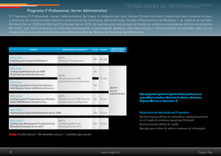 Tecnologias de informação by Cegoc
                 Programa IT Professional: Server Administration
O Programa IT Profissional: Server Administration da Cegoc é composto por seis Cursos Oficiais Microsoft organizado para prepará-lo para
a obtenção de conhecimentos sólidos e profissionais de Instalação, Administração, Gestão e Planeamento do Windows 7, do sistema de servidor
Windows Server 2008 e do Microsoft Exchange Server 2010. Através de uma metodologia de hands-on, prática e orientada ao domínio de produtos
Microsoft com forte presença no mercado empresarial, o participante ganhará uma experiencia e conhecimentos actualizados para a sua
integração ou evolução profissional como Administrador de Redes e de Sistemas de Informação.




                    CURSOS                        certificações specialist       horas   Exame    certificação
                                                                                                  Professional


 MOC 6292A	                                    MCTS: 	
                                                                                 18h     70-680
 Installing and Configuring Windows 7          Windows 7, Configuration


 MOC 6425C	
 Configuring Windows Server 2008 	                                               30h
 Active Directory Domain Services
                                               MCTS: 	
                                               Windows Server 2008 	                     70-640
 MOC 6426C	                                    Active Directory, Configuration
 Configuring Identity and Access Solutions 	                                     18h
 with Windows Server 2008 Active Directory                                                        MCITP: 	
                                                                                                  Server 	
                                                                                                  Administrator        Este programa potencia oportunidades profissionais 	
 MOC 6421B	                                    MCTS: 	
                                                                                                                       como Administrador e Analista de Redes e Sistemas, 	
 Configuring and Troubleshooting a Windows 	   Windows Server 2008 Network 	     30h     70-642
 Sever 2008 Network Infrastructure             Infrastructure, Configuration                                           Suporte Técnico ou Consultor IT


 MOC 6433A	
 Planning and Implementing Windows Server 2008                                   30h     70-646                        Requisitos de Admissão ao Programa
                                                                                                                       Conhecimentos sólidos de informática, preferencialmente
 MOC 10135A	                                   MCTS: 	                                                                 na utilização de sistemas operativos Microsoft
 Configuring, Managing and Troubleshooting     Configuring Microsoft 	           30h     70-662                        Conhecimentos sólidos de inglês
 Microsoft Exchange Server 2010                Exchange Server 2010
                                                                                                                       Vocação para a área de redes e sistemas de informação

Lisboa: 9 julho (laboral) | 24 setembro (laboral) | 1 outubro (pós-laboral)




10                                                                                       www.cegoc.pt                                                                 Cegoc-Tea
 