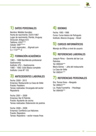 19
1) DATOS PERSONALES
Nombre: Matilde González
Fecha de nacimiento: 23/01/1967
Lugar de nacimiento: Florida, Uruguay
Dirección: Artigas 672
Teléfono: 4352****
Celular: 099******
E-mail: mgonzalez…@gmail.com
C.I: 1137***-2
2) FORMACIÓN ACADÉMICA
1983 – 1986 Bachillerato profesional
Gastronomía
Instituto: UTU – Gastronomía
1980 – 1982: Ciclo Básico completo
Instituto: Liceo Nº 103
3) ANTECEDENTES LABORALES
Fecha: 2009 - 2012
Empresa: Restaurante La Casa de Odile
Puesto: Pastelero
Tareas realizadas: Encargada del sector
Repostería
Fecha: 2001 – 2009
Empresa: Bar El Palmito
Puesto: Ayudante de cocina
Tareas realizadas: Elaboración de postres
Fecha: 2008 – 2009
Empresa: Confitería Los Halcones
Puesto: Repostera
Tareas: Repostera – sector masas finas
4) IDIOMAS
Fecha: 1985 -1986
Curso: Curso básico de Portugués
Instituto: Alianza Uruguay – Brasil
5) CURSOS INFORMÁTICOS
Manejo de Office a nivel de usuario
6) REFERENCIAS LABORALES
Joaquín Pérez - Gerente del bar Los
Palmitos
Tel: 099555***
María Gómez - Jefa del restaurante
La Casa de Odile
Tel: 098541***
7) REFERENCIAS PERSONALES
Dra. Teresa Sosa – Abogada
Tel: 099521***
Lic. Paola Fuentefría - Psicóloga
Tel: 099436***
 