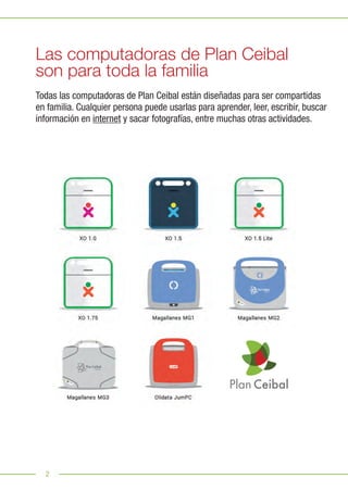 2
Las computadoras de Plan Ceibal
son para toda la familia
Todas las computadoras de Plan Ceibal están diseñadas para ser compartidas
en familia. Cualquier persona puede usarlas para aprender, leer, escribir, buscar
información en internet y sacar fotografías, entre muchas otras actividades.
 