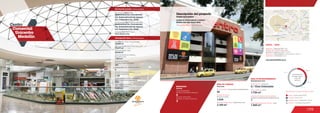 199
Centro		
Comercial
Unicentro
Medellín
MOVILIDAD
5
Accesos peatonales
Number of pedestrian entrances
Accesos vehiculares
Number of vehicle entrances
2
Mobility
46.8 %
13.7 %
11.6 %
27.9 %
Anclas / Anchor Stores 27.9 %
Comidas / Food 11.6 %
Entretenimiento / Entertainment 13.7 %
Comercio / Commercial Area 46.8 %
Discrimination of areas as the type of trade
Discriminación
de áreas según
el tipo de
comercio
4
Número de pisos / Number of floors
Número de parqueaderos /
Number of parking
1.130
24.800 m2
26.816 m2
Área predio / Area of the premises
Área comercial / GLA
Área construida total / Total area built
79.077 m2
Número de locales /
Number of establishments
269
Descripción general / General description
Descripción física / Physical description
ÁREA DE COMIDAS
ÁREA DE ENTRETENIMIENTO
www.unicentromedellin.com.co
3.100 m2
5 / Cine Colombia
1.726 m2
1.034
26
Food area
Entertainment area
Área de restaurantes / Restaurants area
Número de sillas /
Number of seats
No. de locales / Food service establishments
Salas de cine / Cinemas
Área cinemas / Area
DATOS / DATA
Apertura / Opening Year: 1991
Número de visitantes año 2012 /
Number of visitors in 2012: 9.218.514
Dirección / Mall Address: Carrera 66B No. 34A-76
Cobertura / Coverage: Zonal
1
1.960 m2
Locales de entretenimiento infantil /
Children entertainment establishments
Área entretenimiento infantil / Area
2013
Fecha de expansiones realizadas /
Date of performed expansions
Área de expansiones /
Area of expansions
5.169 m2
Descripción del proyecto
Project description
Almacenes Éxito, Cine Colombia
Locales de formato grande y mediano
Medium and large format areas
1.022 m2
Área construida en oficinas /
Built office area
Pedro Gómez y Cía.
Diseñadores / Mall Designer
Promotores / Mall Promotor
Constructores / Mall Building Developer
Multicentros S.A.,Conconcreto
S.A.,Sudamericana de seguros
S.A.,CadenalcoS.A.,Urcol
Multicentros S.A.,Conconcreto
S.A.,Sudamericana de seguros
S.A.,CadenalcoS.A.,Urcol
 