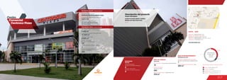 217
Centro		
Comercial
Centrosur Plaza
MOVILIDAD
2
Accesos peatonales
Number of pedestrian entrances
Accesos vehiculares
Number of vehicle entrances
2
Mobility
57.1 %
31.3 %
8.5 %
3.1 %
Anclas / Anchor Stores 31.3 %
Comidas / Food 8.5 %
Entretenimiento / Entertainment 3.1 %
Comercio / Commercial Area 57.1 %
Discrimination of areas as the type of trade
Discriminación
de áreas según
el tipo de
comercio
3
Número de pisos / Number of floors
Número de parqueaderos /
Number of parking
350
5.640 m2
6.350 m2
Área predio / Area of the premises
Área comercial / GLA
Área construida total / Total area built
21.000 m2
Número de locales /
Number of establishments
117
Descripción general / General description
Descripción física / Physical description
ÁREA DE COMIDAS
ÁREA DE ENTRETENIMIENTO
www.centrosurplaza.com
538 m2
500
18
Food area
Entertainment area
Área de restaurantes / Restaurants area
Número de sillas /
Number of seats
No. de locales / Food service establishments
DATOS / DATA
Apertura / Opening Year: 2010
Número de visitantes año 2012 /
Number of visitors in 2012: 3.500.000
Dirección / Mall Address: Calle 9 No. 32A-16
Cobertura / Coverage: Zonal
Descripción del proyecto
Project description
La 14
Locales de formato grande y mediano
Medium and large format areas
Arq. Alejandra Bernal Franco;
Arq. Ángel Erazo
Diseñadores / Mall Designer:
Promotores / Mall Promotor
Constructores / Mall Building Developer
Latco S.A.
AnthonyHallidayBerónLtda.
1
200 m2
Locales de entretenimiento infantil /
Children entertainment establishments
Área entretenimiento infantil / Area
 