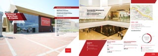 289
Centro	 	
Comercial 	
Mall Plaza   
El Castillo
MOVILIDAD
6
Accesos peatonales
Number of pedestrian entrances
Accesos vehiculares
Number of vehicle entrances
1
Mobility
41.7 %
4.9 %
3.4 %
50.0 %
Anclas / Anchor Stores 41.7 %
Comidas / Food 4.9 %
Entretenimiento / Entertainment 3.4 %
Comercio / Commercial Area 50.0 %
Discrimination of areas as the type of trade
Discriminación
de áreas según
el tipo de
comercio
2
Número de pisos / Number of floors
Número de parqueaderos /
Number of parking
635
27.468 m2
24.000 m2
Área predio / Area of the premises
Área comercial / GLA
Área construida total / Total area built
65.000 m2
Número de locales /
Number of establishments
120
Descripción general / General description
Descripción física / Physical description
ÁREA DE COMIDAS ÁREA DE ENTRETENIMIENTO
www.mallplazaelcastillo.com
1.185 m2
750
22
Food area Entertainment area
Área de restaurantes / Restaurants area
Número de sillas /
Number of seats
No. de locales / Food service establishments
DATOS  /  DATA
Apertura / Opening Year: 2012
Número de visitantes año 2012 /
Number of visitors in 2012: 10.768.908
Dirección / Mall Address: Carrera 13 No. 31-45, avenida
Pedro de Heredia
Cobertura / Coverage: Zonal
1
Locales de entretenimiento infantil /
Children entertainment establishments
827 m2
Área entretenimiento infantil / Area
Descripción del proyecto
Project description
Jumbo, Falabella, Home Sentry
Locales de formato grande y mediano
Medium and large format areas
Andrés Jaramillo
Diseñadores / Mall Designer:
Promotores / Mall Promotor
Constructores / Mall Building Developer:
ConstructoraParqueCentral
Mall Plaza Colombia
 