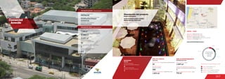 307
Centro	 	
Comercial 	
Arrecife
MOVILIDAD
3
Accesos peatonales
Number of pedestrian entrances
Accesos vehiculares
Number of vehicle entrances
1
Mobility
7.2 %
13.3 %
20.9 %
58.6 %
Anclas / Anchor Stores 7.2 %
Comidas / Food 13.3 %
Entretenimiento / Entertainment 20.9 %
Comercio / Commercial Area 58.6 %
Discrimination of areas as the type of trade
Discriminación
de áreas según
el tipo de
comercio
5
Número de pisos / Number of floors
Número de parqueaderos /
Number of parking
213
7.168 m2
11.071 m2
Área predio / Area of the premises
Área comercial / GLA
Área construida total / Total area built
21.404 m2
Número de locales /
Number of establishments
95
Descripción general / General description
Descripción física / Physical description
Descripción del proyecto
Project description
Carulla
Locales de formato grande y mediano
Medium and large format areas
ÁREA DE COMIDAS ÁREA DE ENTRETENIMIENTO
www.arrecifecentrocomercial.com.co
1.473 m2
22
Food area Entertainment area
Área de restaurantes / Restaurants area
Número de sillas /
Number of seats
No. de locales / Food service establishments
DATOS  /  DATA
Apertura / Opening Year: 2012
Número de visitantes año 2012 /
Number of visitors in 2012: 1.000.000
Dirección / Mall Address: Carrera 4 No. 11A-119
Cobertura / Coverage: Zonal
540
Bayona & Asociados
Diseñador / Mall Designer
Promotor / Mall Promotor
Constructor / Mall Building Developer
ConstructoraParque
CentralS.A.
PROVALOR
Área Cinemas / Area
Locales de entretenimiento infantil /
Children entertainment establishments
Área entretenimiento infantil / Area
1.597 m2
1
712 m2
 