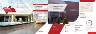 311
Centro	 	
Comercial 	
Buenavista
Santa Marta
MOVILIDAD
2
Accesos peatonales
Number of pedestrian entrances
Accesos vehiculares
Number of vehicle entrances
2
Mobility
ÁREA DE COMIDAS ÁREA DE ENTRETENIMIENTO
840 m2
4 / Cinemark
1.780 m2
576
14
Food area Entertainment area
Área de restaurantes / Restaurants area
Número de sillas /
Number of seats
No. de locales / Food service establishments Salas de cine / Cinemas
Área Cinemas / Area
1
Locales de entretenimiento infantil /
Children entertainment establishments
www.buenavistasantamarta.com
DATOS  /  DATA
Apertura / Opening Year: 2005
Dirección / Mall Address: Frente a la Quinta de San
Pedro Alejandrino
Cobertura / Coverage: Metropolitana
Anclas / Anchor Stores 31.5 %
Comidas / Food 3.0 %
Entretenimiento / Entertainment 6.4 %
Comercio / Commercial Area 59.1 %
Discrimination of areas as the type of trade
31.5 %
3.0 %
6.4 %
59.1 %
Discriminación
de áreas según
el tipo de
comercio
Descripción general / General description
Descripción física / Physical description
2
Número de pisos / Number of floors
Número de parqueaderos /
Number of parking
800
7.000 m2
28.000 m2
Área predio / Area of the premises
Área comercial / GLA
Área construida total / Total area built
65.000 m2
Número de locales /
Number of establishments
120
As Construcciones Ltda.
Diseñador / Mall Designer
Promotor / Mall Promotor
Constructor / Mall Building Developer
As Construcciones Ltda.
As Construcciones Ltda. Descripción del proyecto
Project description
Almacenes Éxito, Home Mart, Cinemark
Locales de formato grande y mediano
Medium and large format areas
Buenavista
Santa Marta
 
