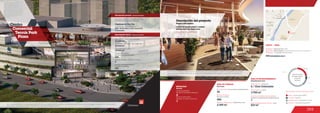 369
ÁREA DE COMIDAS
25
Food area
No. de locales / Food service establishments
MOVILIDAD
2
Accesos peatonales
Number of pedestrian entrances
Accesos vehiculares
Number of vehicle entrances
1
Mobility
Anclas / Anchor Stores 22.9 %
Comidas / Food 6 %
Entretenimiento / Entertainment 11.6 %
Comercio / Commercial Area 59.5 %
6 %
11.6 %
59.5 %
22.9 %
Discriminación
de áreas según
el tipo de
comercio
Centro		
Comercial
Tennis Park
Plaza
Descripción general / General description
Descripción física / Physical description
Ospinas&Cía.S.A.
BMA - Bodas Miani Anger Arquiectos
& Asociados
Diseñadores / Mall Designer
22.600 m2
39.015 m2
Área predio / Area of the premises
Área comercial / GLA
Área construida total / Total area built
87.032 m2
4
Número de pisos / Number of floors
Número de parqueaderos /
Number of parking
800
Número de locales /
Number of establishments
224 WWW.tennisparkplaza.com.co
DATOS / DATA
Apertura / Opening Year: 2016
Dirección / Mall Address: avenida Pinar del Río y la avenida 0
Cobertura / Coverage: Metropolitana
2.359 m2
500
Área de restaurantes / Restaurants area
Número de sillas /
Number of seats
ÁREA DE ENTRETENIMIENTO
8 / Cine Colombia
3.700 m2
Entertainment area
Salas de cine / Cinemas
Área cinemas / Area
1
819 m2
Locales de entretenimiento infantil /
Children entertainment establishments
Área entretenimiento infantil / Area
Descripción del proyecto
Project description
Falabella, Cine Colombia
Locales de formato grande y mediano
Medium and large format areas
Render
Render
Centro Comercial
Tennis Park Plaza
Las imágenes renders y fotomontajes expuestos son una representación artística del proyecto, por lo tanto algunos detalles pueden diferir del resultado
final. Elementos de decoración y mobiliario en general no están incluidos.
Las imágenes renders y fotomontajes expuestos son una representación artística del proyecto, por lo tanto
algunos detalles pueden diferir del resultado final. Elementos de decoración y mobiliario en general no
están incluidos.
Promoción, Gerencia y Comercialización /
Promotion, Management and Sales
Discrimination of areas as the type of trade
 