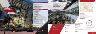 377
3
Número de pisos / Number of floors
Número de parqueaderos /
Number of parking
660
24.000 m2
28.000 m2
Área predio / Area of the premises
Área comercial / GLA
Área construida total / Total area built
70.700 m2
Número de locales /
Number of establishments
179
Descripción general / General description
Descripción física / Physical description
Centro	
Comercial
Ventura Plaza
ÁREA DE ENTRETENIMIENTO
Descripción del proyecto
Project description
Metro, Panamericana, Arturo Calle,
Cinemark
Locales de formato grande y mediano
Medium and large format areas
www.venturaplaza.com.co
6 / Cinemark
1
Entertainment area
Salas de cine / Cinemas
Locales de entretenimiento infantil /
Children entertainment establishments
MOVILIDAD
5
Accesos peatonales
Number of pedestrian entrances
Accesos vehiculares
Number of vehicle entrances
1
Mobility
19.9 %
2.4 %
10.9 %
66.8 %
Anclas / Anchor Stores 19.9 %
Comidas / Food 2.4 %
Entretenimiento / Entertainment 10.9 %
Comercio / Commercial Area 66.8 %
Discrimination of areas as the type of trade
Discriminación
de áreas según
el tipo de
comercio
DATOS / DATA
Apertura / Opening Year: 2007
Número de visitantes año 2012 /
Number of visitors in 2012: 12.000.000
Dirección / Mall Address: Calles 10 y 11 sector Quinta Vélez
Diagonal Santander
Cobertura / Coverage: Metropolitana
Área cinemas /Area
1.050 m2
2.000 m2
Área entretenimiento infantil / Area
3.500 m2
Área construida en oficinas /
Built office area
Tamayo Montilla Arq.
Diseñadores / Mall Designer
Constructores / Mall Building Developer
Constructora Colpatria
Ospinas & Cía. S.A.
2010
Fecha de expansiones realizadas /
Date of performed expansions
Área de expansiones /
Area of expansions
3.696 m2
ÁREA DE COMIDAS
672 m2
250
21
Food area
Área de restaurantes / Restaurants area
Número de sillas /
Number of seats
No. de locales / Food service establishments
Centro Comercial
Ventura Plaza
Promoción, Gerencia y Comercialización /
Promotion, Management and Sales
 