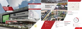 387
Centro
Comercial
Portal del
Quindío
Anclas / Anchor Stores 25.3 %
Comidas / Food 10.2 %
Entretenimiento / Entertainment 9.5 %
Comercio / Commercial Area 55.0 %
Discriminación
de áreas según
el tipo de
comercio
25.3 %
10.2 %
9.5%
55.0 %
Discrimination of areas as the type of trade
329
Número de pisos / Number of floors
11.144 m2
12.467 m2
Área predio / Area of the premises
Área comercial / GLA
Área construida total / Total area built
34.154 m2
3
Descripción general / General description
Descripción física / Physical description
ÁREA DE COMIDAS ÁREA DE ENTRETENIMIENTO
1.268 m2
4 / Cine Colombia
1.185 m2
320
19
Food area Entertainment area
Área de restaurantes / Restaurants area
Número de sillas /
Number of seats
No. de locales / Food service establishments Salas de cine / Cinemas
Área cinemas / Area
MOVILIDAD
3
Accesos peatonales /
Number of pedestrian entrances
Accesos vehiculares /
Number of vehicle entrances
1
Mobility
Descripción del proyecto
Project description
SAO, Cine Colombia
Locales de formato grande y mediano
Medium and large format areas
Portal de Armenia
Arq. Édgar Bueno Tafur
Promotor / Mall Promotor
Diseñador / Mall Designer
123
Constructor / Mall Building Developer
Portal de Armenia
www.elportaldelquindio.com
DATOS / DATA
Apertura / Opening Year: 2004
Dirección / Mall Address: Avenida Bolívar No. 19N-46
Cobertura / Coverage: Zonal
Número de locales /
Number of establishments
Número de parqueaderos /
Number of parking
 