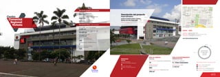403
MOVILIDAD
5
Accesos peatonales
Number of pedestrian entrances
Accesos vehiculares
Number of vehicle entrances
2
Mobility
2.5 %
8.0 %
89.5 %
Anclas / Anchor Stores 0.0 %
Comidas / Food 2.5 %
Entretenimiento / Entertainment 8.0 %
Comercio / Commercial Area 89.5 %
Discrimination of areas as the type of trade
Discriminación
de áreas según
el tipo de
comercio
ÁREA DE COMIDAS
www.victoriacentrocomercial.com
356 m2
400
19
Food area
Área de restaurantes / Restaurants area
Número de sillas /
Number of seats
No. de locales / Food service establishments
DATOS  /  DATA
Apertura / Opening Year: 2004
Dirección / Mall Address: Carrera 11bis No. 17-20
Cobertura / Coverage: Metropolitana
ÁREA DE ENTRETENIMIENTO
5 / Cine Colombia
1.116 m2
Entertainment area
Salas de cine / Cinemas
Área Cinemas / Area
Descripción general / General description
Descripción física / Physical description
5
Número de pisos / Number of floors
Número de parqueaderos /
Number of parking
320
5.000 m2
13.972 m2
Área predio / Area of the premises
Área comercial / GLA
Área construida total / Total area built
35.437 m2
Número de locales /
Number of establishments
184
Descripción del proyecto
Project description
Cine Colombia
Locales de formato grande y mediano
Medium and large format areas
Centro	 	
Comercial
Regional
Victoria
Carlos Valderrunten
Diseñadores / Mall Designer
Promotores / Mall Promotor
Constructores / Mall Building Developer
Urbe S.A.
Urbe S.A.
Centro Comercial y
Regional la Victoria
 