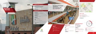 89
Centro
Comercial
Hayuelos
Anclas / Anchor Stores 25.1 %
Comidas / Food 3.8 %
Entretenimiento / Entertainment 8.7 %
Comercio / Commercial Area 62.4 %
Discriminación
de áreas según
el tipo de
comercio
25.1 %
3.8 %
8.7%
62.4 %
Discrimination of areas as the type of trade
4
Número de pisos / Number of floors
Número de parqueaderos /
Number of parking
1.996
45.350 m2
47.500 m2
Área predio / Area of the premises
Área comercial / GLA
Área construida total / Total area built
120.000 m2
Número de locales /
Number of establishments
292
Descripción general / General description
Descripción física / Physical description
www.hayueloscc.co
DATOS / DATA
Apertura / Opening Year: 2008
Número de visitantes año 2012 /
Number of visitors in 2012: 13.467.722
Dirección / Mall Address: Calle 20 No. 82-52
Cobertura / Coverage: Zonal
ÁREA DE COMIDAS
ÁREA DE ENTRETENIMIENTO
1.808 m2
13 / Cinépolis
2.990 m2
772
22
Food area
Entertainment area
Área de restaurantes / Restaurants area
Número de sillas /
Number of seats
No. de locales / Food service establishments
Salas de cine / Cinemas
Área cinemas / Area
MOVILIDAD
4
Accesos peatonales /
Number of pedestrian entrances
Accesos vehiculares /
Number of vehicle entrances
4
Mobility
1
1.147 m2
Locales de entretenimiento infantil /
Children entertainment establishments
Área entretenimiento infantil / Area
Descripción del proyecto
Project description
Falabella, Cinépolis, Star Park,
Panamericana
Locales de formato grande y mediano
Medium and large format areas
Constructora Los Hayuelos
Konrad Brunner
Promotor / Mall Promotor
Diseñador / Mall Designer
3.506 m2
Área construida en oficinas /
Built office area
Constructor / Mall Building Developer
Amarilo S.A.
 