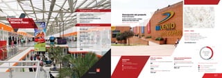 97
Centro		
Comercial
Milenio Plaza
Descripción general / General description
Descripción física / Physical description
2
Número de pisos / Number of floors
Número de parqueaderos /
Number of parking
180
26.363 m2
14.235 m2
Área predio / Area of the premises
Área comercial / GLA
Área construida total / Total area built
25.772 m2
Número de locales /
Number of establishments
188
Descripción del proyecto
Project description
Metro, Super Saldos Corona
Locales de formato grande y mediano
Medium and large format areas
ÁREA DE COMIDAS ÁREA DE ENTRETENIMIENTO
712 m2
256
20
Food area Entertainment area
Área de restaurantes / Restaurants area
Número de sillas /
Number of seats
No. de locales / Food service establishments
2
851 m2
Área entretenimiento infantil / Area
MOVILIDAD
6
Accesos peatonales
Number of pedestrian entrances
Accesos vehiculares
Number of vehicle entrances
1
Mobility Locales de entretenimiento infantil /
Children entertainment establishments
Anclas / Anchor Stores 37.3 %
Comidas / Food 5.0 %
Entretenimiento / Entertainment 6.0 %
Comercio / Commercial Area 51.7 %
Discrimination of areas as the type of trade
5.0 %
6.0 %
51.7 %
Discriminación
de áreas según
el tipo de
comercio
37.3 %
www.milenioplaza.com.co
DATOS / DATA
Apertura / Opening Year: 2006
Número de visitantes año 2012 /
Number of visitors in 2012: 3.140.846
Dirección / Mall Address: Avenida carrera 86
(Avenida ciudad de Cali) No. 42B-51 sur
Cobertura / Coverage: Zonal
Arq. Daniel Bonilla
Diseñador / Mall Designer
Promotor / Mall Promotor
Constructor / Mall Building Developer
SolucionesInmobiliariasSA.
Ospinas & Cía. S.A.
 