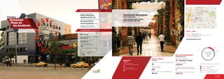 113
Centro
Comercial
Plaza de
las Américas
ÁREA DE COMIDAS
ÁREA DE ENTRETENIMIENTO
851 m2
3.576 m2
800
30
Food area
Entertainment area
Área de restaurantes / Restaurants area
Número de sillas /
Number of seats
No. de locales / Food service establishments Área cinemas / Area
1
1.271 m2
Área entretenimiento infantil / Area
MOVILIDAD
3
Accesos peatonales
Number of pedestrian entrances
Accesos vehiculares
Number of vehicle entrances
4
Mobility
Anclas / Anchor Stores 18.0 %
Comidas / Food 2.0 %
Entretenimiento / Entertainment 11.4 %
Comercio / Commercial Area 68.6 %
Discrimination of areas as the type of trade
2.0 %
11.4 %
68.6 %
18.0 %
www.plazadelasamericas.com.co
DATOS / DATA
Apertura / Opening Year: 1991
Dirección / Mall Address: Carrera 71D No. 6-94 sur
Cobertura / Coverage: Zonal
Locales de entretenimiento infantil /
Children entertainment establishments
12 / Procinal - Imax
Salas de cine / Cinemas
Discriminación
de áreas según
el tipo de
comercio
5
Número de pisos / Number of floors
84.016 m2
42.579 m2
Área predio / Area of the premises
Área comercial / GLA
Área construida total / Total area built
89.534 m2
Número de locales /
Number of establishments
341
Descripción general / General description
Descripción física / Physical description
Obregón Bueno y Cía. Ltda.
Diseñador / Mall Designer
Promotores / Mall Promotor
Constructor / Mall Building Developer
Sociedad Plaza
de las Américas
Grupo Olímpica /
Ospinas & Cía. S.A.
Número de parqueaderos /
Number of parking
1.484
Descripción del proyecto
Project description
SAO, Procinal, Imax, Panamericana
Locales de formato grande y mediano
Medium and large format areas
 