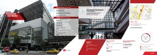129
Centro
Comercial
San Martín
6.4 %
3.4 %
12.9 %
77.3 %
Anclas / Anchor Stores 12.9 %
Comidas / Food 6.4 %
Entretenimiento / Entertainment 3.4 %
Comercio / Commercial Area 77.3 %
Discrimination of areas as the type of trade
Discriminación
de áreas según
el tipo de
comercio
MOVILIDAD
4
Accesos peatonales
Number of pedestrian entrances
Accesos vehiculares
Number of vehicle entrances
2
Mobility
4
Número de pisos / Number of floors
8.900 m2
32.000 m2
Área predio / Area of the premises
Área comercial / GLA
Área construida total / Total area built
50.500 m2
Número de locales /
Number of establishments
104
Descripción general / General description
Descripción física / Physical description
ÁREA DE COMIDAS
2.055 m2
914
19
Food area
Área de restaurantes / Restaurants area
Número de sillas /
Number of seats
No. de locales / Food service establishments
www.centrocomercialsanmartin.com
DATOS / DATA
Apertura / Opening Year: 2007
Dirección / Mall Address: Carrera 7 No. 32-16
Cobertura / Coverage: Zonal
ÁREA DE ENTRETENIMIENTO
4 / Royal Films
Entertainment area
Salas de cine / Cinemas
Área cinemas / Area
1.079 m2
Descripción del proyecto
Project description
Almacenes Éxito, Royal Films
Locales de formato grande y mediano
Medium and large format areas
Arq. Álvaro MejÍa Pavony
Diseñador / Mall Designer
Promotor / Mall Promotor
Constructor / Mall Building Developer
Arquitectura y Concreto
Procomercio
Número de parqueaderos /
Number of parking
683
Centro Comercial
San Martín
 