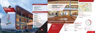 145
Centro
Comercial
Titán Plaza
MOVILIDAD
4
Accesos peatonales
Number of pedestrian entrances
Accesos vehiculares
Number of vehicle entrances
2
Mobility
31.0 %
8.9 %
8.8 %
51.4 %
Anclas / Anchor Stores 31.0 %
Comidas / Food 8.9 %
Entretenimiento / Entertainment 8.8 %
Comercio / Commercial Area 51.4 %
Discrimination of areas as the type of trade
Discriminación
de áreas según
el tipo de
comercio
4
Número de pisos / Number of floors
Número de parqueaderos /
Number of parking
2.262
35.126 m2
Área predio / Area of the premises
Número de locales /
Number of establishments
229
Descripción general / General description
Descripción física / Physical description
www.titanplaza.com
DATOS / DATA
Apertura / Opening Year: 2012
Número de visitantes año 2012 /
Number of visitors in 2012: 6.866717 de junio a diciembre
Dirección / Mall Address: Calle 80 con Avenida Boyacá.
Cobertura / Coverage: Metropolitana
ÁREA DE COMIDAS
ÁREA DE ENTRETENIMIENTO
4.994 m2
9 / Cine Colombia
4.251 m2
1.300
40
Food area
Entertainment area
Área de restaurantes / Restaurants area
Número de sillas /
Number of seats
No. de locales / Food service establishments
Salas de cine / Cinemas
Área cinemas / Area
1
699 m2
Locales de entretenimiento infantil /
Children entertainment establishments
Área entretenimiento infantil / Area
Descripción del proyecto
Project description
Falabella, Jumbo, Home Sentry,
Forever 21, Ktronix, Cine Colombia,
Panamericana, Sportline
Locales de formato grande y mediano
Medium and large format areas
Ospinas & Cía. S.A. /
Cusezar S.A.
Tamayo Montilla Arquitectos S.A.S.
Promotores y constructores / Mall Promotor
and Mall Building Developer
Diseñador / Mall Designer
56.427 m2
Área comercial / GLA
Área comercial total / Total GLA
70.427 m2
14.000 m2
Área construida en oficinas /
Built office area
Área construida total / Total area built
180.000 m2
Design Corp.
Diseño Conceptual / Concept Design
 