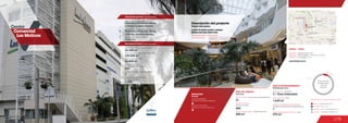 179
Centro				
Comercial
Los Molinos
Descripción general / General description
Descripción física / Physical description
3
Número de pisos / Number of floors
Número de parqueaderos /
Number of parking
22.340 m2
46.800 m2
252
Área predio / Area of the premises
Área comercial / GLA
Área construida total / Total area built
128.028 m2
1.850
Número de locales /
Number of establishments
ÁREA DE COMIDAS
ÁREA DE ENTRETENIMIENTO
500 m2
1.635 m2
400
21
Food area
Entertainment area
Área de restaurantes / Restaurants area
Número de sillas /
Number of seats
No. de locales / Food service establishments Área cinemas / Area
1
275 m2
Área entretenimiento infantil / Area
MOVILIDAD
4
Accesos peatonales
Number of pedestrian entrances
Accesos vehiculares
Number of vehicle entrances
4
Mobility
Locales de entretenimiento infantil /
Children entertainment establishments
7 / Cine Colombia
Salas de cine / Cinemas
Anclas / Anchor Stores 7.7 %
Comidas / Food 1.1 %
Entretenimiento / Entertainment 4.1 %
Comercio / Commercial Area 87.2 %
Discrimination of areas as the type of trade
1.1 %
4.1 %
87.2 %
Discriminación
de áreas según
el tipo de
comercio
7.7 %
Design Corp.
Diseñadores / Mall Designer
Promotores / Mall Promotor
Constructores / Mall Building Developer
Viviendasy Proyectos,Muros
y Techos,LondoñoGómez
Viviendasy Proyectos,Muros
y Techos,LondoñoGómez
Descripción del proyecto
Project description
Almacenes Éxito, Homecenter,
Cine Colombia
Locales de formato grande y mediano
Medium and large format areas
www.losmolinos.com.co
DATOS / DATA
Apertura / Opening Year: 2006
Dirección / Mall Address: Calle 30A No. 82A-26
Cobertura / Coverage: Zonal
 