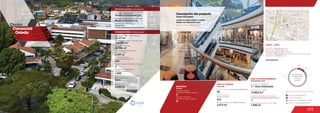 183
Centro				
Comercial
Oviedo
MOVILIDAD
7
Accesos peatonales
Number of pedestrian entrances
Accesos vehiculares
Number of vehicle entrances
6
Mobility
74.0 %
12.0 %
7.6 %
6.4 %
Anclas / Anchor Stores 6.4 %
Comidas / Food 7.6 %
Entretenimiento / Entertainment 12.0 %
Comercio / Commercial Area 74.0 %
Discrimination of areas as the type of trade
Discriminación
de áreas según
el tipo de
comercio
9
Número de pisos / Number of floors
Número de parqueaderos /
Number of parking
1.500
31.317 m2
42.946 m2
Área predio / Area of the premises
Área comercial / GLA
Área construida total / Total area built
104.000 m2
Número de locales /
Number of establishments
290
Descripción general / General description
Descripción física / Physical description
ÁREA DE COMIDAS
ÁREA DE ENTRETENIMIENTO
www.oviedo.com.co
3.273 m2
7 / Cine Colombia
3.345,8 m2
512
42
Food area
Entertainment area
Área de restaurantes / Restaurants area
Número de sillas /
Number of seats
No. de locales / Food service establishments
Salas de cine / Cinemas
Área cinemas / Area
DATOS / DATA
Apertura / Opening Year: 1979
Número de visitantes año 2012 /
Number of visitors in 2012: 13.000.000
Dirección / Mall Address: Carrera 43A No. 6 sur 15 Oficina 4233
Cobertura / Coverage: Zonal
1
1.800 m2
Locales de entretenimiento infantil /
Children entertainment establishments
Área entretenimiento infantil / Area
2013
Fecha de expansiones realizadas /
Date of performed expansions
Área de expansiones /
Area of expansions
9.000 m2
Descripción del proyecto
Project description
Ripley, Carulla, Cine Colombia
Locales de formato grande y mediano
Medium and large format areas
2.197 m2
Área construida en oficinas /
Built office area
Desing Corp. /
Diseño arquitectónico Fajardo Moreno
Promotores / Mall Promotor
Diseñadores / Mall Designer
Constructores / Mall Building Developer
Muros y Techos S.A.
Destino Comercial S.A.
Centro Comercial
Oviedo
 