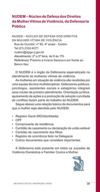 Um guia de defesa, orientação e apoio 31
NUDEM – Núcleo de Defesa dos Direitos
da Mulher Vítima de Violência, da Defensoria
Pública
NUDEM – Núcleo de Defesa dos Direitos
da Mulher VÍTIMA DE VIOLÊNCIA
Rua do Ouvidor, nº 90, 4º andar - Centro
Tel (21) 2332-6371
nudem@dpge.rj.gov.br
Atendimento: 2ª a 5ª feira, de 9 às 17h
Referência: Próximo à livraria Saraiva e em frente ao
Banco Itaú.
O NUDEM é o órgão da Defensoria especializado no
atendimento às mulheres vítimas de violência.
As mulheres em situação de violência são recebidas por
uma equipe técnica multidisciplinar. Defensores públicos,
psicólogos, assistentes sociais e estagiários integram
esse núcleo de primeiro atendimento. Orientação jurídica,
ajuizamento de ações e a promoção de solução conciliada
de conflitos fazem parte do trabalho do NUDEM.
Segue abaixo uma relação básica de documentos para
que a mulher seja atendida pelo NUDEM:
•	 Registro Geral (RG/Identidade)
•	 CPF
•	 Comprovante de residência
•	 Certidão de casamento ou declaração de união estável
•	 Certidão de nascimento dos filhos
•	 Registro de ocorrência feito na Delegacia
•	 Outros documentos que considere importantes
A Defensoria está presente em todos os Juizados de
Violência Doméstica e Familiar Contra a Mulher.
e defesa miolo_2014.indd 31 13/11/2014 17:42:4
 