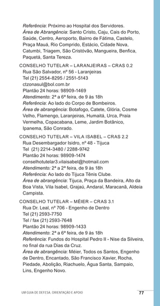 Um guia de defesa, orientação e apoio 77
Referência: Próximo ao Hospital dos Servidores.
Área de Abrangência: Santo Cristo, Caju, Cais do Porto,
Saúde, Centro, Aeroporto, Bairro de Fátima, Castelo,
Praça Mauá, Rio Comprido, Estácio, Cidade Nova,
Catumbi, Triagem, São Cristóvão, Mangueira, Benfica,
Paquetá, Santa Tereza.
Conselho Tutelar – Laranjeiras – CRAS 0.2
Rua São Salvador, nº 56 - Laranjeiras
Tel (21) 2554-8295 / 2551-5143
ctzonasul@bol.com.br
Plantão 24 horas: 98909-1469
Atendimento: 2ª a 6ª feira, de 9 às 18h
Referência: Ao lado do Corpo de Bombeiros.
Área de abrangência: Botafogo, Catete, Glória, Cosme
Velho, Flamengo, Laranjeiras, Humaitá, Urca, Praia
Vermelha, Copacabana, Leme, Jardim Botânico,
Ipanema, São Conrado.
Conselho Tutelar – Vila Isabel – CRAS 2.2
Rua Desembargador Isidro, nº 48 - Tijuca
Tel (21) 2214-3480 / 2288-9742
Plantão 24 horas: 98909-1474
conselhotutelar3.vilaisabel@hotmail.com
Atendimento: 2ª a 2ª feira, de 9 às 18h
Referência: Ao lado do Tijuca Tênis Clube.
Área de abrangência: Tijuca, Praça da Bandeira, Alto da
Boa Vista, Vila Isabel, Grajaú, Andaraí, Maracanã, Aldeia
Campista.
Conselho Tutelar – Méier – CRAS 3.1
Rua Dr. Leal, nº 706 - Engenho de Dentro
Tel (21) 2593-7750
Tel / fax (21) 2593-7648
Plantão 24 horas: 98909-1433
Atendimento: 2ª a 6ª feira, de 9 às 18h
Referência: Fundos do Hospital Pedro II - Nise da Silveira,
no final da rua Dias da Cruz.
Área de abrangência: Méier, Todos os Santos, Engenho
de Dentro, Encantado, São Francisco Xavier, Rocha,
Piedade, Abolição, Riachuelo, Água Santa, Sampaio,
Lins, Engenho Novo.
e defesa miolo_2014.indd 77 13/11/2014 17:42:4
 