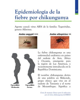 17
Guía de manejo clínico para la infección
por el virus chikungunya (CHIKV)
	 Epidemiología de la
	 fiebre por chikungunya
	 Agente causal: virus ARN de la familia: Togaviridae,
genero Alfavirus.
	 La fiebre chikungunya es una
enfermedad endémica en países
del sudeste de Asia, África
y Oceanía, emergente para
la región de Las Américas, y
recientemente introducida en la
República Dominicana.
	 El nombre chikungunya deriva
de una palabra en Makonde,
grupo étnico que vive en el
sudeste de Tanzania y el norte
de Mozambique. Significa a
 