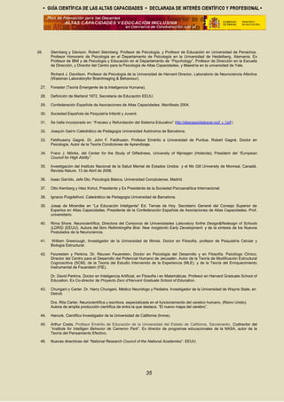 26. Stemberg y Dávison. Robert Stemberg: Profesor de Psicología, y Profesor de Educación en Universidad de Penachos.
Profesor Honorario de Psicología en el Departamento de Psicología en la Universidad de Heidelberg, Alemania. Ex
Profesor de IBM y de Psicología y Educación en el Departamento de “Psychology”, Profesor de Dirección en la Escuela
de Dirección, y Director del Centro para la Psicología de Altas Capacidades, y Maestría en la universidad de Yale.
Richard J. Davidson. Profesor de Psicología de la Universidad de Harvard Director, Laboratorio de Neurociencia Afectiva
(Waisman Laboratoryfor BrainImaging & Behaviour).
27. Forester (Teoría Emergente de la Inteligencia Humana).
28. Definición de Marland 1972, Secretaria de Educación EEUU.
29. Confederación Española de Asociaciones de Altas Capacidades. Manifiesto 2004.
30. Sociedad Española de Psiquiatría Infantil y Juvenil.
31. Se halla incorporado en: “Fracaso y Refundación del Sistema Educativo” (http://altascapacidadescse.org/f_y_f.pdf )
32. Joaquín Gairín Catedrático de Pedagogía Universidad Autónoma de Barcelona.
33. Feldhuseny Gagné. Dr. John F. Feldhusen. Profesor Emérito a Universidad de Purdue. Robert Gagné. Doctor en
Psicología, Autor de la Teoría Condiciones de Aprendizaje.
34. Franz J. Mönks, del Center for the Study of Giftedness, University of Nijmegen (Holanda); President del “European
Council for High Ability”.
35. Investigación del Instituto Nacional de la Salud Mental de Estados Unidos y el Mc Gill University de Monreal, Canadá.
Revista Nature. 13 de Abril de 2006.
36. Isaac Garrido. Jefe Dto. Psicología Básica, Universidad Complutense, Madrid.
37. Otto Kemberg y Heiz Kohut, Presidente y Ex Presidente de la Sociedad Psicoanalítica Internacional.
38. Ignacio Puigdellívol. Catedrático de Pedagogía Universidad de Barcelona.
39. Josep de Mirandés en “La Educación Inteligente” Ed. Temas de Hoy. Secretario General del Consejo Superior de
Expertos en Altas Capacidades. Presidente de la Confederación Española de Asociaciones de Altas Capacidades. Prof,
universitario.
40. Rima Shore. Neurocientífica, Directora del Consorcio de Universidades Laboratory forthe Design&Redesign of Schools
(LDRS) (EEUU). Autora del libro Rethinkingthe Brai: New Insigtsinto Early Development. y de la síntesis de los Nuevos
Postulados de la Neurociencia.
41. William Greenough, Investigador de la Universidad de Illinois. Doctor en Filosofía, profesor de Psiquiatría Celular y
Biología Estructural.
42. Feurestein y Perkins. Dr. Reuven Feuerstein, Doctor en Psicología del Desarrollo y en Filosofía. Psicólogo Clínico.
Director del Centro para el Desarrollo del Potencial Humano de Jerusalén. Autor de la Teoría de Modificación Estructural
Cognoscitiva (SCM), de la Teoría del Estudio Intervenido de la Experiencia (MLE), y de la Teoría del Enriquecimiento
Instrumental de Feuerstein (FIE).
Dr. David Perkins. Doctor en Inteligencia Artificial, en Filosofía i en Matemáticas. Profesor en Harvard Graduate School of
Education. Ex Co-director de Proyecto Zero d’Harvard Graduate School of Education.
43. Chungani y Carter. Dr. Harry Chungani, Médico Neurólogo y Pediatra. Investigador de la Universidad de Wayne State, en
Detroit.
Dra. Rita Carter, Neurocientífica y escritora, especializada en el funcionamiento del cerebro humano. (Reino Unido).
Autora de amplia producción científica de entra la que destaca. “El nuevo mapa del cerebro”.
44. Hancok. Científico Investigador de la Universidad de California (Irvine).
45. Arthur Costa. Profesor Emérito de Educación de la Universidad del Estado de California, Sacramento. Codirector del
“Institute for Intelligen Behavior de Cameron Park”. Ex director de programas educacionales de la NASA, autor de la
Teoría del Pensamiento Efectivo.
46. Nuevas directrices del “National Research Council of the National Academies”. EEUU.
35
 