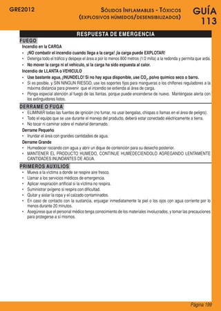 GRE2012
Página 199
GUÍA
113
RESPUESTA DE EMERGENCIA
FUEGO
Incendio en la CARGA
•	 ¡NO combatir el incendio cuando llega a la carga! ¡la carga puede EXPLOTAR!
•	 Detenga todo el tráfico y despeje el área a por lo menos 800 metros (1/2 milla) a la redonda y permita que arda.
•	 No mover la carga ni el vehículo, si la carga ha sido expuesta al calor.
Incendio de LLANTA o VEHICULO
•	 Use bastante agua, ¡INUNDELO! Si no hay agua disponible, use CO2
, polvo químico seco o barro.
•	 Si es posible, y SIN NINGUN RIESGO, use los soportes fijos para mangueras o los chiflones reguladores a la
máxima distancia para prevenir  que el incendio se extienda al área de carga.
•	 Ponga especial atención al fuego de las llantas, porque puede encenderse de nuevo.  Manténgase alerta con
los extinguidores listos.
DERRAME O FUGA
•	 ELIMINAR todas las fuentes de ignición (no fumar, no usar bengalas, chispas o llamas en el área de peligro).
•	 Todo el equipo que se use durante el manejo del producto, deberá estar conectado eléctricamente a tierra.
•	 No tocar ni caminar sobre el material derramado.
Derrame Pequeño
•	 Inundar el área con grandes cantidades de agua.
Derrame Grande
•	 Humedecer rociando con agua y abrir un dique de contención para su desecho posterior.
•	 MANTENER EL PRODUCTO HUMEDO, CONTINUE HUMEDECIENDOLO AGREGANDO LENTAMENTE
CANTIDADES INUNDANTES DE AGUA.
PRIMEROS AUXILIOS
•	 Mueva a la víctima a donde se respire aire fresco.
•	 Llamar a los servicios médicos de emergencia.
•	 Aplicar respiración artificial si la víctima no respira.
•	 Suministrar oxígeno si respira con dificultad.
•	 Quitar y aislar la ropa y el calzado contaminados.
•	 En caso de contacto con la sustancia, enjuagar inmediatamente la piel o los ojos con agua corriente por lo
menos durante 20 minutos.
•	 Asegúrese que el personal médico tenga conocimiento de los materiales involucrados, y tomar las precauciones
para protegerse a sí mismos.
Sólidos Inflamables - Tóxicos
(explosivos húmedos/desensibilizados)
 