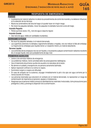 GRE2012
Página 303
GUÍA
165
RESPUESTA DE EMERGENCIA
FUEGO
•	 La presencia de material radiactivo no afecta los procedimientos de control de incendio y no debieran influenciar
en la selección de las técnicas.
•	 Mueva los contenedores del área de fuego si lo puede hacer sin ningún riesgo.
•	 No mover los paquetes dañados, mover los paquetes no dañados fuera de la zona de fuego.
Incendio Pequeño
•	 Polvos químicos secos, CO2
, rocío de agua o espuma regular.
Incendio Grande
•	 Use rocío de agua, niebla (en cantidades inundantes).
DERRAME O FUGA
•	 No tocar los paquetes dañados ni el material derramado.
•	 Las superficies exteriores no dañadas o ligeramente dañadas o mojadas, rara vez indican la falla del embalaje.
La mayoria de los embalajes para líquidos tienen un recipiente interior y/o material absorbente.
Derrame Líquido
•	 Los contenidos de los empaques rara vez son líquidos, si se presenta cualquier contaminación radiactiva resultante
de un escape líquido, ésta será probablemente de bajo nivel.
PRIMEROS AUXILIOS
•	 Llamar a los servicios médicos de emergencia.
•	 Los problemas médicos, tienen prioridad sobre las preocupaciones radiólogicas.
•	 Use el tratamiento de primeros auxilios de acuerdo a la naturaleza de la lesión.
•	 No demore el cuidado y transporte de una persona seriamente lastimada.
•	 Aplicar respiración artificial si la víctima no respira.
•	 Suministrar oxígeno si respira con dificultad.
•	 En caso de contacto con la sustancia, enjuagar inmediatamente la piel o los ojos con agua corriente por lo
menos durante 20 minutos.
•	 Las personas lesionadas que estuvieron en contacto con el material derramado, no representan un riesgo de
contaminación de importancia al personal, equipos e instalaciones.
•	 Asegúrese que el personal médico conozca la identidad de los materiales involucrados, tome precauciones para
protegerlos a ellos y prevenga la dispersión de la contaminación.
Materiales Radiactivos
(fisionable / radiación de nivel bajo a alto)
 