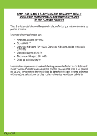Página 398
COMO USAR LATABLA 3 – DISTANCIAS DE AISLAMIENTO INICIALY
ACCIONES DE PROTECCIÓN PARA DIFERENTES CANTIDADES
DE SEIS GASES RIT COMUNES
Tabla 3 enlista materiales con Riesgo de Inhalación Tóxica que más comúnmente se
pueden encontrar.
Los materiales seleccionados son:
•	 Amoníaco, anhidro (UN1005)
•	 Cloro (UN1017)
•	 Cloruro de hidrógeno (UN1050) y Cloruro de hidrógeno, líquido refrigerado
(UN2186)
•	 Dióxido de azufre (UN1079)
•	 Fluoruro de hidrógeno (UN1052)
•	 Óxido de etileno (UN1040)
Los materiales se presentan en orden alfabético y proveen las Distancias de Aislamiento
Inicial y Acción Protectora para derrames grandes (más de 208 litros o 55 galones
de EE.UU.) involucrando diferentes tipos de contenedores (por lo tanto diferentes
volúmenes) para situaciones de día y noche, y diferentes velocidades del viento.
 