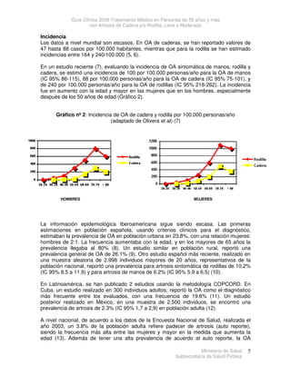 Guía Clínica 2009 Tratamiento Médico en Personas de 55 años y más
con Artrosis de Cadera y/o Rodilla, Leve o Moderada
Ministerio de Salud
Subsecretaría de Salud Pública
7
Incidencia
Los datos a nivel mundial son escasos. En OA de caderas, se han reportado valores de
47 hasta 88 casos por 100.000 habitantes, mientras que para la rodilla se han estimado
incidencias entre 164 y 240/100.000 (5, 6).
En un estudio reciente (7), evaluando la incidencia de OA sintomática de manos, rodilla y
cadera, se estimó una incidencia de 100 por 100.000 personas/año para la OA de manos
(IC 95% 86-115), 88 por 100.000 personas/año para la OA de cadera (IC 95% 75-101), y
de 240 por 100.000 personas/año para la OA de rodillas (IC 95% 218-262). La incidencia
fue en aumento con la edad y mayor en las mujeres que en los hombres, especialmente
después de los 50 años de edad (Gráfico 2).
Gráfico nº 2: Incidencia de OA de cadera y rodilla por 100.000 personas/año
(adaptado de Olivera et al) (7)
La información epidemiológica Iberoamericana sigue siendo escasa. Las primeras
estimaciones en población española, usando criterios clínicos para el diagnóstico,
estimaban la prevalencia de OA en población urbana en 23.8%, con una relación mujeres:
hombres de 2:1. La frecuencia aumentaba con la edad, y en los mayores de 65 años la
prevalencia llegaba al 80% (8). Un estudio similar en población rural, reportó una
prevalencia general de OA de 26.1% (9). Otro estudio español más reciente, realizado en
una muestra aleatoria de 2.998 individuos mayores de 20 años, representativos de la
población nacional, reportó una prevalencia para artrosis sintomática de rodillas de 10.2%
(IC 95% 8.5 a 11.9) y para artrosis de manos de 6.2% (IC 95% 5.9 a 6.5) (10).
En Latinoamérica, se han publicado 2 estudios usando la metodología COPCORD. En
Cuba, un estudio realizado en 300 individuos adultos, reportó la OA como el diagnóstico
más frecuente entre los evaluados, con una frecuencia de 19.6% (11). Un estudio
posterior realizado en México, en una muestra de 2.500 individuos, se encontró una
prevalencia de artrosis de 2.3% (IC 95% 1,7 a 2,9) en población adulta (12).
A nivel nacional, de acuerdo a los datos de la Encuesta Nacional de Salud, realizada el
año 2003, un 3.8% de la población adulta refiere padecer de artrosis (auto reporte),
siendo la frecuencia más alta entre las mujeres y mayor en la medida que aumenta la
edad (13). Además de tener una alta prevalencia de acuerdo al auto reporte, la OA
HOMBRES MUJERES
 