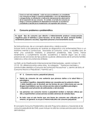 12
Como se verá más adelante, cada vez que se enfrente a un consultante
con consumo en riesgo o consumo problemático, con o sin dependencia,
a drogas ilícitas, la orientación o indicación del personal de salud será la
de la suspensión de ese consumo. En cambio, si se trata de consumo en
riesgo o consumo problema sin dependencia al alcohol, se ayudará al
consultante a decidir por la moderación o la supresión del consumo.
2. Consumo problema o problemático.
Se trata entonces, de un concepto abarcativo, médico-social.
Incluye tanto a las personas en quienes se diagnostica una enfermedad física o un
trastorno mental o conductual, asociados al consumo, como a aquellas que, sin
tener una condición mórbida, sí presentan problemas, tales como, menor
rendimiento y cumplimiento escolar, académico o laboral según sea el caso,
presencia de sanciones de tipo policial o judicial, alteraciones de la armonía familiar,
violencia y otras circunstancias similares
La OMS, en la Clasificación Internacional de Enfermedades, versión número 10
( C.I.E. 10), diferencia entre varias otras, la categoría “ Trastornos mentales y
conductuales debidos a Consumo de Sustancias Psicoactivas” y, dentro de ésta, el
Consumo Nocivo o Perjudicial ( “harmful use”).
El concepto Consumo Problemático de este Prog rama abarca y trasciende el de
consumo perjudicial de OMS, pues incluye no sólo las consecuencias para la salud
del individuo.
Es aquel tipo de consumo que directa o indirectamente produce consecuencias
negativas para el individuo o para terceros, en las áreas de salud, armonía familiar,
rendimiento (laboral o escolar), seguridad personal y funcionamiento social.
N ° 2. Consumo nocivo, perjudicial (abuso).
♦ Patrón de consumo de una sustancia que provoca daños a la salud física o
psicológica.
Los daños ( hepático, depresión) deben ser causados por la sustancia misma
( daño hepático por el alcohol), por las formas de uso ( infecciones por uso de
drogas inyectables) o por las consecuencias sobre el equilibrio psicológico
( depresión post privación de estimulantes o del alcohol).
♦ Las personas con consumo nocivo o perjudicial reciben a menudo críticas por
ello y experimentan consecuencias sociales adversas de variados tipos.
♦ En todo caso el solo hecho que una forma de consumo sea criticada por el
entorno, en general, no es por sí misma indicativo de consumo perjudicial.
 