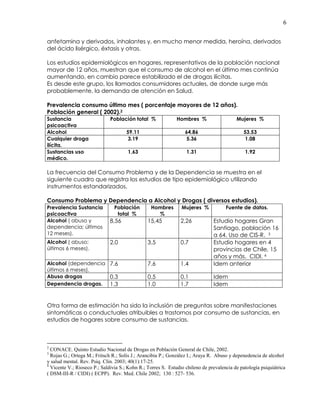 6
anfetamina y derivados, inhalantes y, en mucho menor medida, heroína, derivados
del ácido lisérgico, éxtasis y otras.
Los estudios epidemiológicos en hogares, representativos de la población nacional
mayor de 12 años, muestran que el consumo de alcohol en el último mes continúa
aumentando, en cambio parece estabilizado el de drogas ilícitas.
Es desde este grupo, los llamados consumidores actuales, de donde surge más
probablemente, la demanda de atención en Salud.
Prevalencia consumo último mes ( porcentaje mayores de 12 años).
Población general ( 2002).2
Sustancia
psicoactiva
Población total % Hombres % Mujeres %
Alcohol 59.11 64.86 53.53
Cualquier droga
ilícita.
3.19 5.36 1.08
Sustancias uso
médico.
1,63 1.31 1.92
La frecuencia del Consumo Problema y de la Dependencia se muestra en el
siguiente cuadro que registra los estudios de tipo epidemiológico utilizando
instrumentos estandarizados.
Consumo Problema y Dependencia a Alcohol y Drogas ( diversos estudios).
Prevalencia Sustancia
psicoactiva
Población
total %
Hombres
%
Mujeres % Fuente de datos.
Alcohol ( abuso y
dependencia; últimos
12 meses).
8,56 15,45 2,26 Estudio hogares Gran
Santiago, población 16
a 64. Uso de CIS-R. 3
Alcohol ( abuso;
últimos 6 meses).
2.0 3.5 0.7 Estudio hogares en 4
provincias de Chile, 15
años y más. CIDI. 4
Alcohol (dependencia
últimos 6 meses).
7.6 7.6 1.4 Idem anterior
Abuso drogas 0.3 0.5 0.1 Idem
Dependencia drogas. 1.3 1.0 1.7 Idem
Otra forma de estimación ha sido la inclusión de preguntas sobre manifestaciones
sintomáticas o conductuales atribuibles a trastornos por consumo de sustancias, en
estudios de hogares sobre consumo de sustancias.
2
CONACE. Quinto Estudio Nacional de Drogas en Población General de Chile, 2002.
3
Rojas G.; Ortega M.; Fritsch R.; Solís J.; Arancibia P.; González I.; Araya R. Abuso y depenedencia de alcohol
y salud mental. Rev. Psiq. Clin. 2003; 40(1):17-25.
4
Vicente V.; Rioseco P.; Saldivia S.; Kohn R.; Torres S. Estudio chileno de prevalencia de patología psiquiátrica
( DSM-III-R / CIDI) ( ECPP). Rev. Med. Chile 2002; 130 : 527- 536.
 