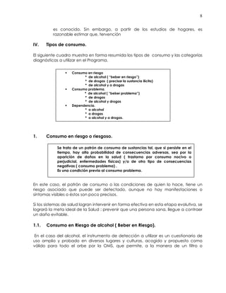8
es conocido. Sin embargo, a partir de los estudios de hogares, es
razonable estimar que, tervención
IV. Tipos de consumo.
El siguiente cuadro muestra en forma resumida los tipos de consumo y las categorías
diagnósticas a utilizar en el Programa.
1. Consumo en riesgo o riesgoso.
En este caso, el patrón de consumo o las condiciones de quien lo hace, tiene un
riesgo asociado que puede ser detectado, aunque no hay manifestaciones o
síntomas visibles o éstos son poco precisos.
Si los sistemas de salud logran intervenir en forma efectiva en esta etapa evolutiva, se
logrará la meta ideal de la Salud : prevenir que una persona sana, llegue a contraer
un daño evitable.
1.1. Consumo en Riesgo de alcohol ( Beber en Riesgo).
En el caso del alcohol, el instrumento de detección a utilizar es un cuestionario de
uso amplio y probado en diversos lugares y culturas, acogido y propuesto como
válido para todo el orbe por la OMS, que permite, a la manera de un filtro o
Consumo en riesgo
* de alcohol ( “beber en riesgo”)
* de drogas ( precisar la sustancia ilícita)
* de alcohol y a drogas
Consumo problema.
* de alcohol ( “beber problema”)
* de drogas
* de alcohol y drogas
Dependencia.
* a alcohol
* a drogas
* a alcohol y a drogas.
Se trata de un patrón de consumo de sustancias tal, que si persiste en el
tiempo, hay alta probabilidad de consecuencias adversas, sea por la
aparición de daños en la salud ( trastorno por consumo nocivo o
perjudicial, enfermedades físicas) y/o de otro tipo de consecuencias
negativas ( consumo problema) .
Es una condición previa al consumo problema.
 