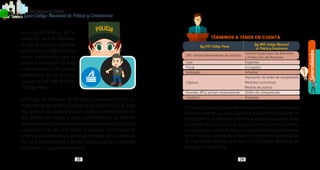 Generalidades
1
28 29
PolicíaNacionaldeColombia
Guía Código Nacional de Policía y Convivencia
El incumplimiento de la
orden de policía mediante
la cual se imponen medidas
correctivas, configura el tipo
penal establecido para el
fraude a resolución judicial
o administrativa de policía
establecido en el artículo
454 de la Ley 599 de 2000
“Código Penal”.
El Código de Nacional de Policía y Convivencia no es un
instrumento de política criminal ni de derecho penal, toda
vez que con la observancia de aquellos comportamientos
que configuren delitos o faltas administrativas se deberán
adelantarlasaccionescorrespondientesencadajurisdicción,
sin perjuicio de las unas frente a las otras, con base en el
principio de autonomía y de obligatoriedad de la acción pe-
nal, civil, administrativa y demás, para lo cual no se deberán
confundir los siguientes términos:
Ley 599, Código Penal
Ley 1801, Código Nacional
de Policía y Convivencia
UPJ: Unidad Permanente de Justicia
Centros Especiales de Atención
y Protección de Personas
Juez Inspector
Fiscal Corregidor
Indiciado Infractor
Captura
Imposición de orden de comparendo
Medidas correctivas
Medios de policía
Formato JPF4: primer respondiente Orden de comparendo
Conducir Trasladar
En caso de que el comportamiento contrario a la convivencia
también constituya una conducta punible tipificada en el
Código Penal, la medida correctiva a imponer no podrá tener
la misma naturaleza que la sanción prevista en este último.
El personal de la Policía Nacional lo pondrá en conocimiento
de la Fiscalía General de la Nación e impondrá las medidas
de naturaleza distinta previstas en el Código Nacional de
Policía y Convivencia.
TÉRMINOS A TENER EN CUENTA
 