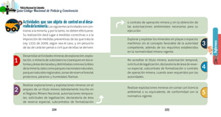 104 105
PolicíaNacionaldeColombia
Guía Código Nacional de Policía y Convivencia
Informes
PolicíaNacionaldeColombia
Guía Código Nacional de Policía
5
1
2
Actividades que son objeto de controleneldesa-
rrollodelaminería.Lassiguientesactividadessoncon-
trarias a la minería, y por lo tanto, no deben efectuarse.
Su realización dará lugar a medidas correctivas o a la
imposición de medidas preventivas de las que trata la
Ley 1333 de 2009, según sea el caso, y sin perjuicio
de las de carácter penal o civil que de ellas se deriven:
Desarrollaractividadesminerasdeexploración,explo-
tación, o minería de subsistencia o barequeo en boca-
tomasyáreasdeclaradasydelimitadascomoexcluibles
delaminería,talescomoparquesnacionalesnaturales,
parquesnaturalesregionales,zonasdereservaforestal
protectora, páramos y humedales Ramsar.
Realizar exploraciones y explotaciones mineras sin el
amparo de un título minero debidamente inscrito en
el Registro Minero Nacional, autorizaciones tempora-
les, solicitudes de legalización, declaratoria de área
de reserva especial, subcontratos de formalización
o contrato de operación minera y sin la obtención de
las autorizaciones ambientales necesarias para su
ejecución.
Explorar y explotar los minerales en playas o espacios
marítimos sin el concepto favorable de la autoridad
competente, además de los requisitos establecidos
en la normatividad minera vigente.
No acreditar el título minero, autorización temporal,
solicituddelegalización,declaratoriadeáreadereser-
va especial, subcontrato de formalización o contrato
de operación minera, cuando sean requeridos por las
autoridades.
Realizar explotaciones mineras sin contar con licencia
ambiental o su equivalente, de conformidad con la
normativa vigente.
3
3
4
5
5
 