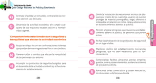 130 131
Complementarios
PolicíaNacionaldeColombia
7
Guía Código Nacional de Policía y Convivencia
Omitir la instalación de mecanismos técnicos de blo-
queo por medio de los cuales los usuarios se puedan
proteger de material pornográfico, ilegal, ofensivo o
indeseableenrelaciónconniños,niñasyadolescentes
en establecimientos abiertos al público.
Permitir o tolerar el ingreso o permanencia al estable-
cimiento abierto al público, de personas que porten
armas.
No fijar la señalización de los protocolos de seguridad
en un lugar visible.
Mantener dentro del establecimiento mercancías
peligrosas, que no sean necesarios para su fun-
cionamiento.
Comercializar, facilitar, almacenar, prestar, empeñar,
guardar,teneroposeerelementos,sustanciasobienes
de procedencia ilícita.
Almacenar, tener, comercializar y poseer mercancías,
sin demostrar su lícita procedencia.
Arrendar o facilitar un inmueble, contrariando las nor-
mas sobre el uso del suelo.
Desarrollar la actividad económica sin cumplir cual-
quiera de los requisitos establecidos en la normati-
vidad vigente.
Comportamientosrelacionadosconlaseguridady
tranquilidad que afectan la actividad económica
Auspiciar riñas o incurrir en confrontaciones violentas
quepuedanderivarenagresionesfísicasoescándalos.
Generar ruidos o sonidos que afecten la tranquilidad
de las personas o su entorno.
Incumplir los protocolos de seguridad exigidos para
el desarrollo de la actividad económica y el funciona-
miento del establecimiento.
k)
a)
b)
c)
l)
d)
e)
f)
g)
h)
i)
 