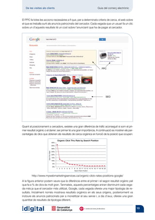 De les visites als clients 	                                                                         Guia del comerç electrònic



El PPC fa totes les accions necessàries a fi que, per a determinats criteris de cerca, el web sobre
el que es treballa surti als anuncis patrocinats del cercador. Cada vegada que un usuari fa un clic
sobre un d’aquests resultats té un cost sobre l’anunciant que ha de pagar al cercador.




                                                                                                             PPC




                                                                                                                     SEO




Quant al posicionament a cercadors, existeix una gran diferència de tràfic aconseguit si som el pri-
mer resultat orgànic o el darrer; ser primer té una gran importància. A continuació es mostren els per-
centatges de clics que obtenen els resultats de cerca orgànica en funció de la posició que ocupen:

                                                Organic Click Thru Rate by Search Position
                                          40%
                                          35%
                                          30%
                                          25%
                        Click Thru Rate




                                          20%
                                          15%
                                          10%
                                          5%
                                          0%
                                                1   2   3   4   5   6   7   8   9 10 11 12 13 14 15 16 17 18 19 20
                                                                            Search Rank Position


        http://www.mywebmarketingservices.ca/organic-click-rates-positions-google/
A la figura anterior podem veure que la diferència entre el primer i el segon resultat orgànic pel
que fa a % de clics és molt gran. Tanmateix, aquests percentatges aniran disminuint cada vega-
da més ja que el cercador més utilitzat, Google, cada vegada ofereix una major tipologia de re-
sultats. Inicialment només mostrava resultats orgànics en els seus orígens, posteriorment va
incloure els anuncis patrocinats per a monetitzar el seu servei i, a dia d’avui, ofereix una gran
quantitat de resultats de tipologia diferent.


                                                                                                                                     13
 