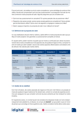 Planificació de l’estratègia de venda en línia 	                         Guia del comerç electrònic



D’acord amb això, cal analitzar qui és la nostra competència i quina estratègia de venda en línia
utilitza. Només així comprendrem quin és el seu posicionament i aconseguirem formular de ma-
nera correcta la nostra proposta de valor. Algunes preguntes que cal considerar són:

• 
  Quin és el seu posicionament en cercadors? En quines paraules clau es posicionen millor?
• 
  Respecte a les xarxes socials: quines xarxes socials gestiona la competència? Quina estratè-
  gia de dinamització utilitza? Quina volum de seguidors congrega en cadascuna d’elles?
• 
  Serem capaços d’aportar una proposta de valor nova i rellevant al mercat?


1.5  Definició de la proposta de valor

Un cop analitzada la situació interna i externa, caldrà definir la nostra proposta de valor que jus-
tifiqui el nostre projecte i ens garanteixi un posicionament competitiu al mercat.

En aquest sentit, podem recórrer al quadre que es mostra a continuació per valorar el posicio-
nament de la nostra competència en els aspectes clau de qualsevol negoci en línia, comparar-ho
amb el model que volem establir i veure si els nostres aspectes diferenciadors coincideixen amb
els atributs més valorats pels nostres clients.


                        Projecte
                                         Competidor 1          Competidor 2             Competidor 3
                        analitzat

 Productes               Exclusiu              Bàsic           Exclusiu / Bàsic              Outlet

 Preu                       Alt                 Baix               Alt/Baix                Rebaixat
 Formes de                 TPV                 TPV                  TPV                      TPV
 pagament                                     Paypal               Paypal                   Paypal
                                           Transferència                            Transferència Bancària
                                             Bancària                                Contraremborsament
 Període              Express (24 h)      General (72 h)       Express (12 h)           General (48 h)
 de lliurament        General (72 h)                           General (48 h)
                                                               Recollida punt
                                                                 de venda
 Màrqueting              Presència          Aposta per         Presència activa        Publicitat en línia
 i Comunicació       principals xarxes   Facebook, SEM,             a Twitter
                       socials, bloc     i col·laboracions       i prescripció
                           i SEM         a revistes digitals     de blocàires
 Etc.                       ...                  ...                  ...                      ...



1.3  Anàlisi de la viabilitat

Com hem dit abans, els costos associats als negocis en línia són molt inferiors a la posada en
marxa de qualsevol negoci tradicional. No obstant això, cal tenir en compte els aspectes econò-
mics per assegurar-nos que comptem amb els recursos suficients per tirar endavant la nostra
iniciativa.

En l’apartat de costos, no només haurem de considerar les despeses inicials com són el desen-
volupament de la plataforma, el disseny i la compra del domini*, ja que podem caure en l’error
de pensar que una botiga en línia es gestiona sola. Caldrà considerar també altres costos asso-



                                                                                                             9
 