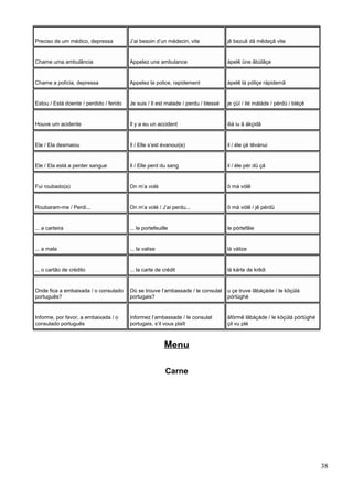 Preciso de um médico, depressa J’ai besoin d’un médecin, vite jê bezuã dã mêdeçã vite
Chame uma ambulância Appelez une ambulance ápelê üne ãbülãçe
Chame a polícia, depressa Appelez la police, rapidement ápelê lá póliçe rápidemã
Estou / Está doente / perdido / ferido Je suis / Il est malade / perdu / blessé je çüí / ilé máláde / pérdü / bléçê
Houve um acidente Il y a eu un accident iliá iu ã ákçidã
Ele / Ela desmaiou Il / Elle s’est évanoui(e) il / éle çé têvánui
Ele / Ela está a perder sangue Il / Elle perd du sang il / éle pér dü çã
Fui roubado(a) On m’a volé õ má vólê
Roubaram-me / Perdi... On m’a volé / J’ai perdu... õ má vólê / jê pérdü
... a carteira ... le portefeuille le pórtefâie
... a mala ... la valise lá válize
... o cartão de crédito ... la carte de crédit lá kárte de krêdi
Onde fica a embaixada / o consulado
português?
Où se trouve l’ambassade / le consulat
portugais?
u çe truve lãbáçáde / le kõçülá
pórtüghé
Informe, por favor, a embaixada / o
consulado português
Informez l’ambassade / le consulat
portugais, s’il vous plaît
ãfórmê lãbáçáde / le kõçülá pórtüghé
çil vu plé
Menu
Carne
38
 