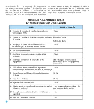 Observações: (I) é o momento de coroamento            de posse aberta a todos os cidadãos e com a
festivo do processo de escolha; (II) é também uma     presença das autoridades locais. O momento deve
boa ocasião para reafirmar as atribuições do          ser enriquecido com uma palestra sobre a
Conselho Tutelar e a responsabilidade dos con-        importância e o papel do Conselho Tutelar.
selheiros; (III) deve ser organizada uma solenidade




16
 