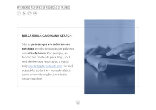 20
BLOG
Entendendo as fontes de aquisição de tráfego
BUSCA ORGÂNICA/ORGANIC SEARCH
São as pessoas que encontraram seu
conteúdo através de buscas por palavras
nos sites de busca. Por exemplo, ao
buscar por “conteúdo para blog”, você
verá dentre seus resultados, o nosso
blog marketingdeconteudo.com. Se você
acessá-lo, contará em nosso Analytics
como uma visita orgânica e entrará
nesse relatório!
 