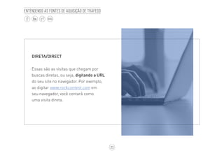 23
BLOG
Entendendo as fontes de aquisição de tráfego
DIRETA/DIRECT
Essas são as visitas que chegam por
buscas diretas, ou seja, digitando a URL
do seu site no navegador. Por exemplo,
ao digitar www.rockcontent.com em
seu navegador, você contará como
uma visita direta.
 