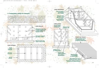 5. Composteiro coletivo de alvenaria
Indicado para hotéis, restaurantes, escolas, condomínios, empresas e outros lugares que
produzam quantidade considerável de resíduos orgânicos, este modelo permite boa aera-
ção, proteção contra animais e pede os mesmos cuidados dos composteiros caseiros.
Se houver espaço no terreno, vale manter uma leira (pág. 16) por perto e intercalar cama-
das de composto bruto retirado do composteiro coletivo com camadas de folhas e apa-
ras de grama. Isso acelera bastante o processo e melhora a qualidade do adubo obtido.
2,20m
1,70m
0,50m X 0,30m 0,50m X 0,30m
0,50m
2,90m
1,45m
1,10m
CORTE SUPERIOR
CORTE FRONTAL
CORTE TRANSVERSAL
CORTE LATERAL
PROJETO DO TELHADO
Entradas de ar, com tubos
de 75mm instalados a 45º
e tampas metálicas com
furos para aeração
Duas portas tipo gaveta
para retirar o adubo
Parede
de lajota
emboçada
Hastes de madeira
ou metal para
fixar o telhado
Torre de aeração
feita com tubos
de 50mm em “Y” Tubos de 75mm
instalados a 45º
Redução em “T”
de 75mm p/ 50mm
Altura das hastes
de sustentação
do telhado: 0,50m
Telas metálicas nos vãos do
telhado para afastar animais
(para permitir a entrada dos resíduos, um
dos vãos deve ter moldura basculante)
Tubo de 75mm
fixado nas paredes
(para sustentar as
torres de aeração)
Telhas de plástico brancas
ou transparentes, para
permitir boa luminosidade
Tábuas de 0,30m
para fixar as três
torres de aeração
(para facilitar a
leitura, o esquema só
mostra duas torres)
Três torres
de aeração
Base de
concreto
Base de concreto com
2,90m X 1,45m X 0,20m
| 15 || 14 |
page cartilha 2011 colorida:Layout 1 7/22/11 1:56 PM Page 14
 